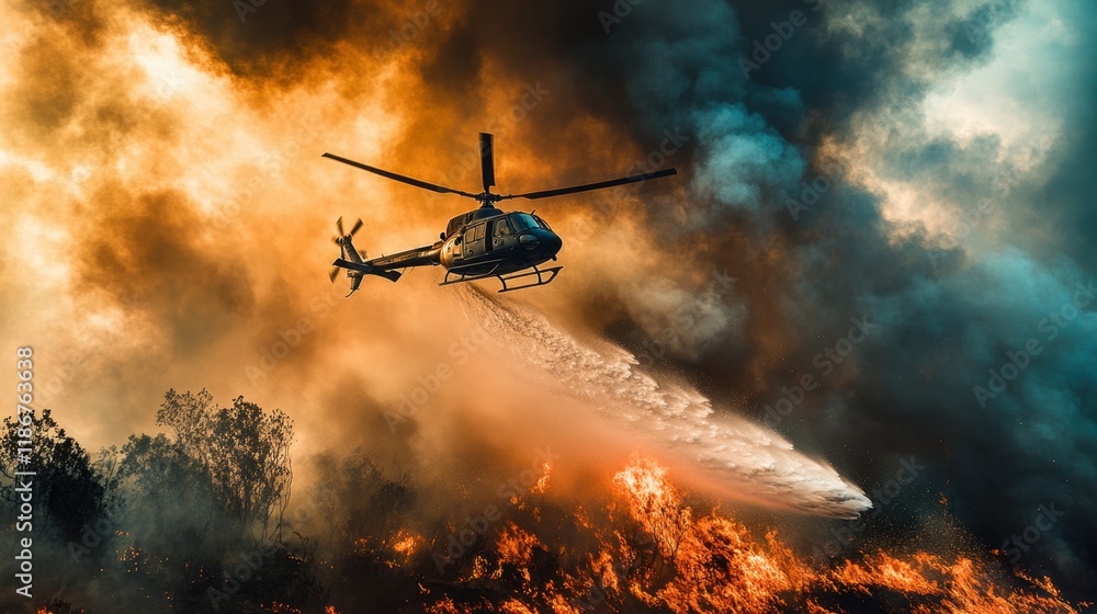 Fototapeta premium Helicopter Fighting Wildfire with Water in Dramatic Sunset Sky