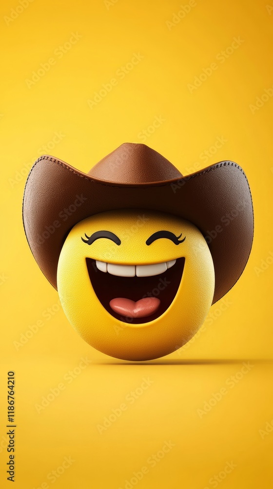 Laughing yellow emoji wearing cowboy hat, illustrating playful western mood against bright sunny background Laughing yellow emoji wearing cowboy hat, illustrating playful western mood against bright sunny background