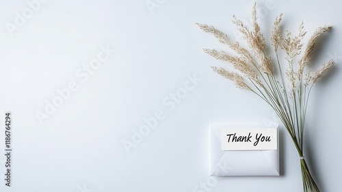 Elegant thank you note with white envelope and dried flowers on a light background.