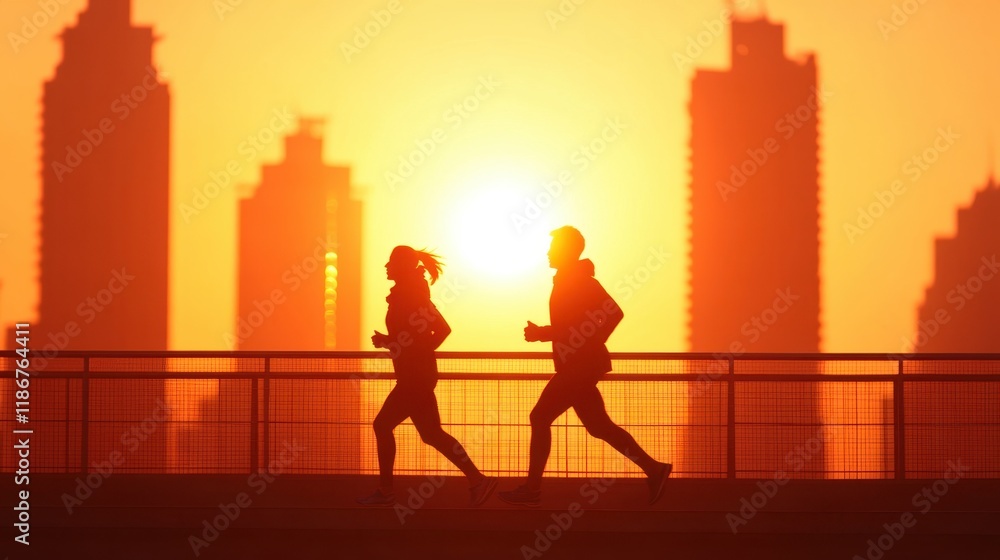 Fototapeta premium Silhouetted Runners at Sunrise Cityscape