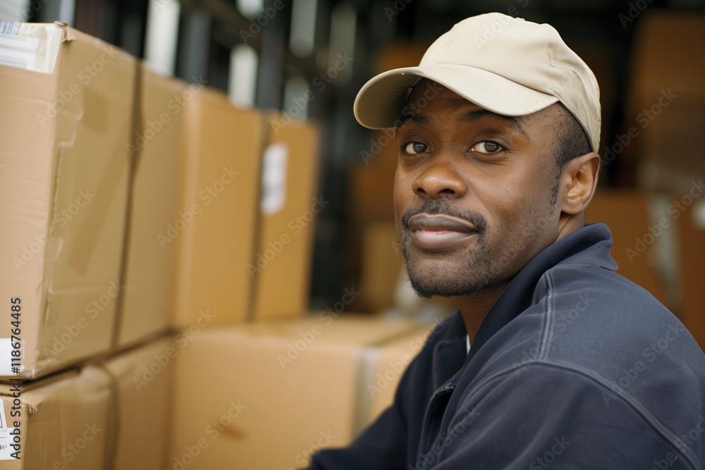 Afro-American Delivery Driver Loading Packages into Truck with Focused Determination and Professionalism Afro-American Delivery Driver Loading Packages into Truck with Focused Determination and Professionalism