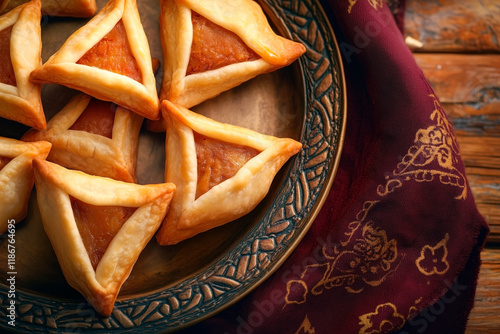 Traditional Jewish Hamantaschen cookies on a beautiful metal plate with embossed ornament, red patterned fabric next to it, top view photo