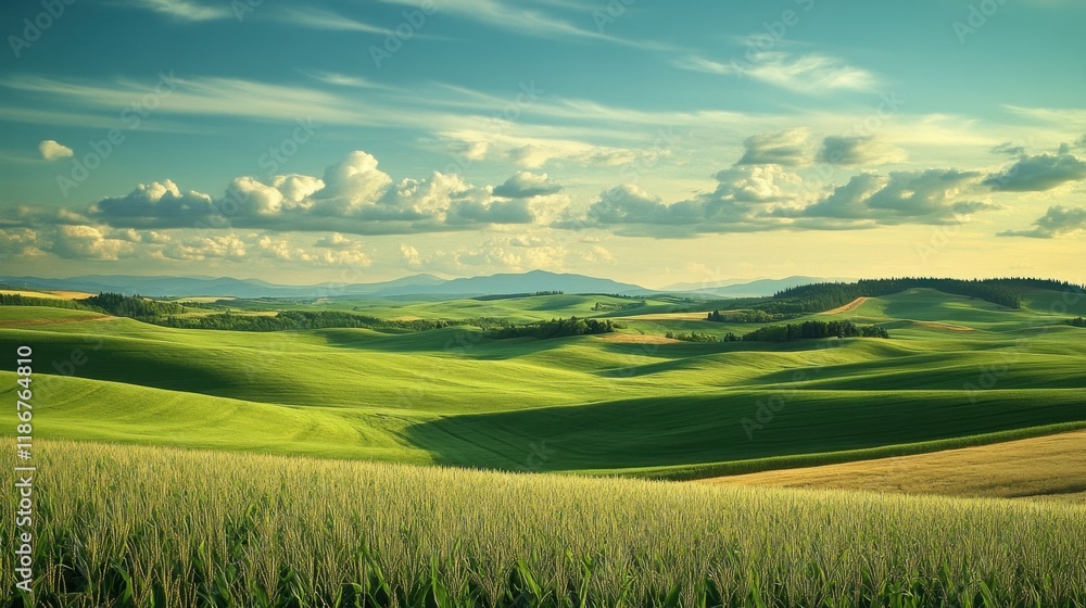 Obraz premium Lush Green Rolling Hills Under a Blue Sky with Fluffy Clouds
