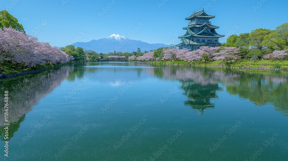 Majestic Matsumoto Castle with Cherry Blossoms and Mountain View