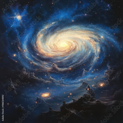 Craft a celestial scene with spiraling galaxies photo