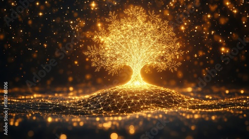 Craft a floating Kabbalah Tree in cosmic light, golden fractal grid photo