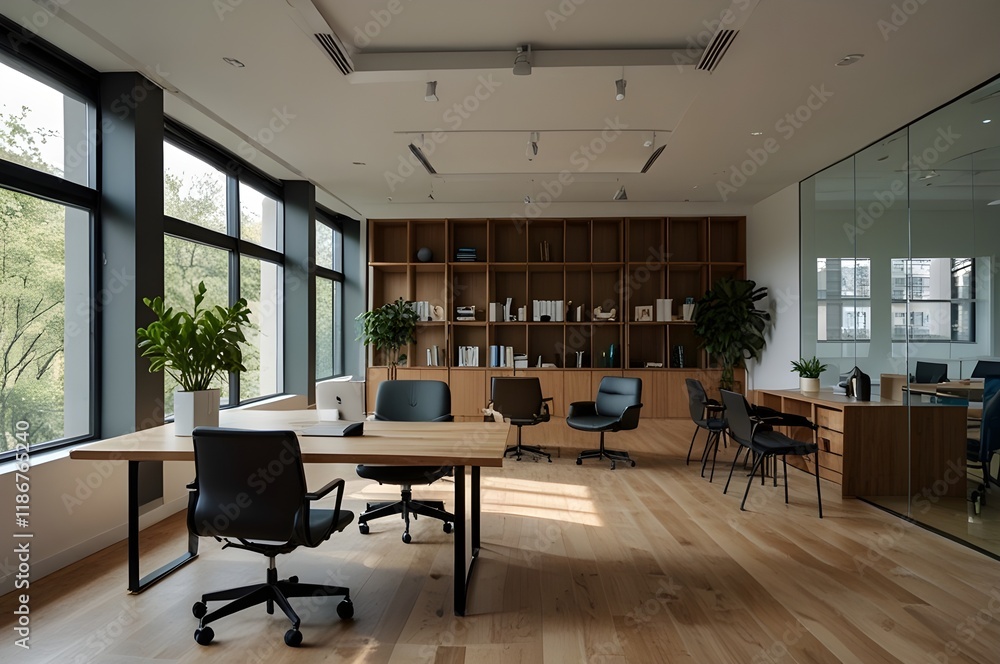Modern conference room with glass partitions, white furniture, and plants. Light wooden floor and concrete ceiling. Contemporary office space. 3D Rendering
Modern conference room with glass partitions, white furniture, and plants. Light wooden floor and concrete ceiling. Contemporary office space. 3D Rendering