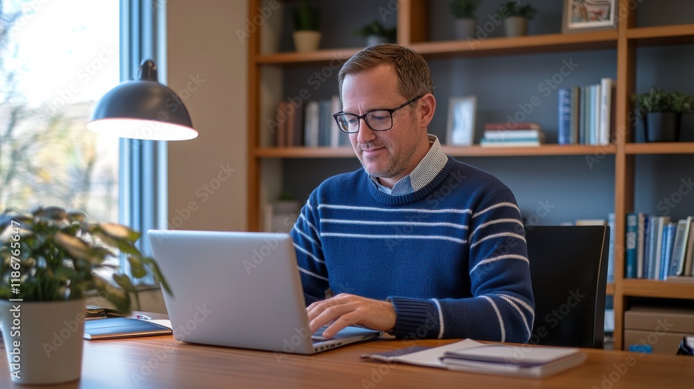 Focused and Productive: A man in a blue and white striped sweater, with a focused expression and glasses, sits at his desk, typing on a laptop. Focused and Productive: A man in a blue and white striped sweater, with a focused expression and glasses, sits at his desk, typing on a laptop.