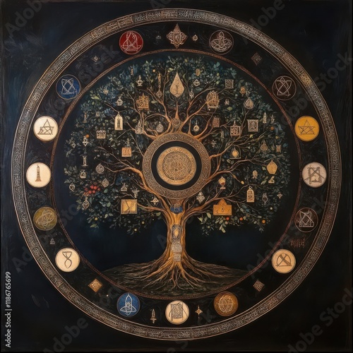 Create a birds-eye view of the Kabbalistic tree in a captivating style photo