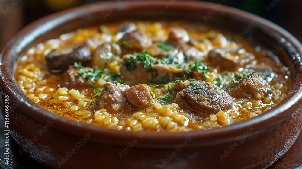Close-up of a rustic bowl of hearty rice dish with meat and mushrooms, garnished with parsley. Close-up of a rustic bowl of hearty rice dish with meat and mushrooms, garnished with parsley.