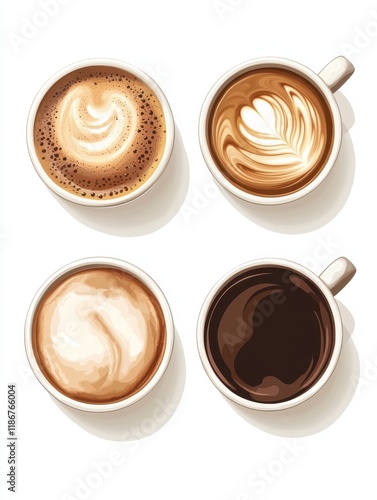 Realistic coffee cup. Top view hot latte cappuccino espresso, isolated breakfast beverages. Milk froth drinks in mugs vector illustration