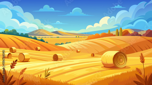 Hay bail harvesting in golden field landscape. Copy space image. Place for adding text and design