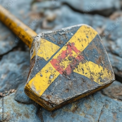 Rusty Hammerhead with X-Shaped Warning: Weathered Industrial Aesthetic photo