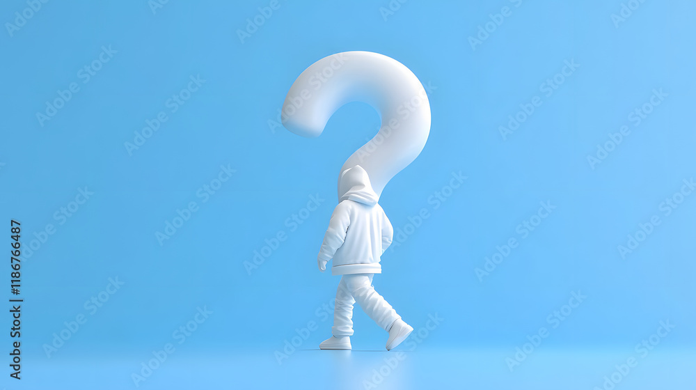 3D figure in white hoodie walks towards large floating question mark against blue background, symbolizing curiosity and exploration 3D figure in white hoodie walks towards large floating question mark against blue background, symbolizing curiosity and exploration