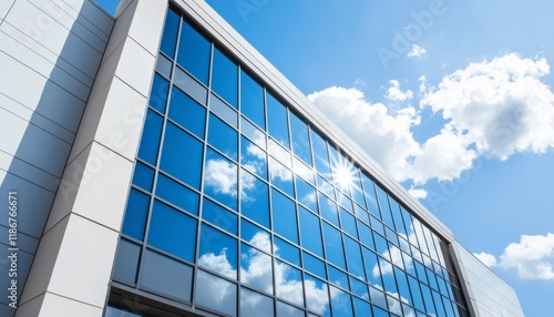 Modern glass office building exterior with blue sky and clouds reflection.