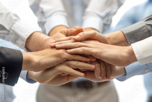 Hands Joined in Unity:  A close-up shot of multiple hands clasped together, symbolizing teamwork, support, and collaboration. The focus on the hands creates a sense of unity and strength.