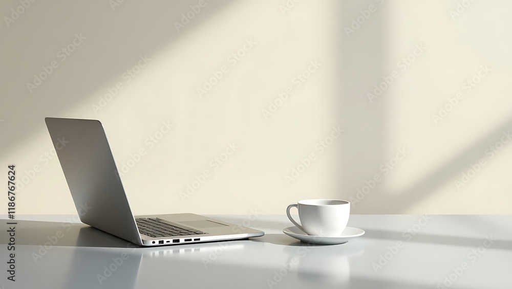 Laptop and Coffee Mug on Desk in Sunlight Laptop and Coffee Mug on Desk in Sunlight