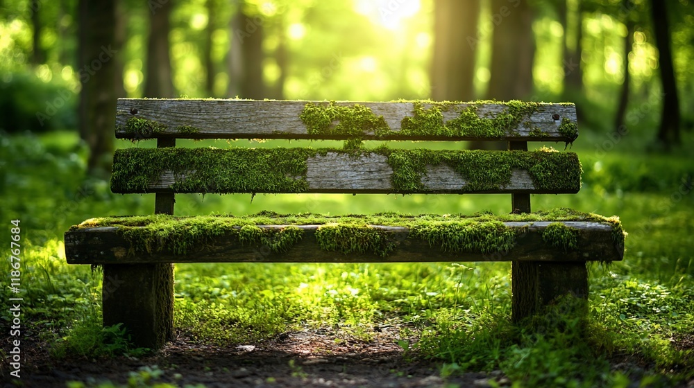 Mossy park bench in sunlight. Mossy park bench in sunlight.