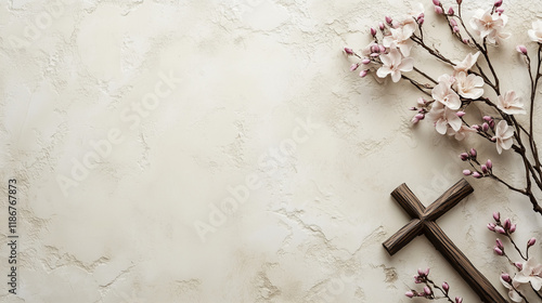 Sacred journey with a beige background featuring a spiritual cross adorned with flowers