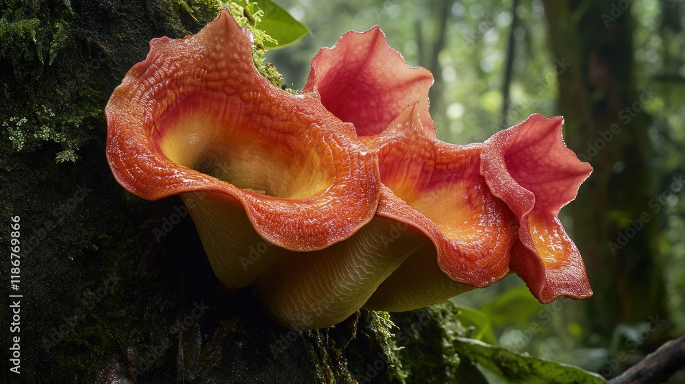 Close-up of two vibrant orange-red fungi growing on a mossy tree trunk in a lush green rainforest. Close-up of two vibrant orange-red fungi growing on a mossy tree trunk in a lush green rainforest.