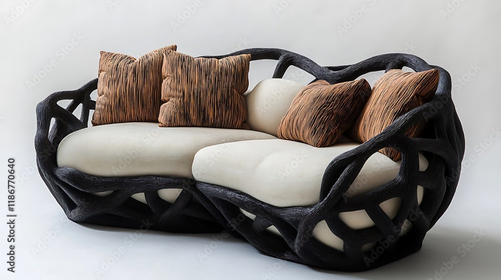 Unique sofa with a sculptural frame, soft cushions, and contrasting fabric textures Unique sofa with a sculptural frame, soft cushions, and contrasting fabric textures