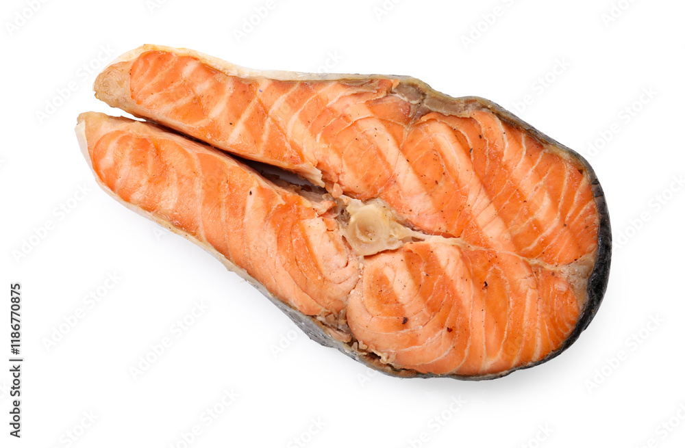 Tasty grilled salmon steak isolated on white, top view Tasty grilled salmon steak isolated on white, top view