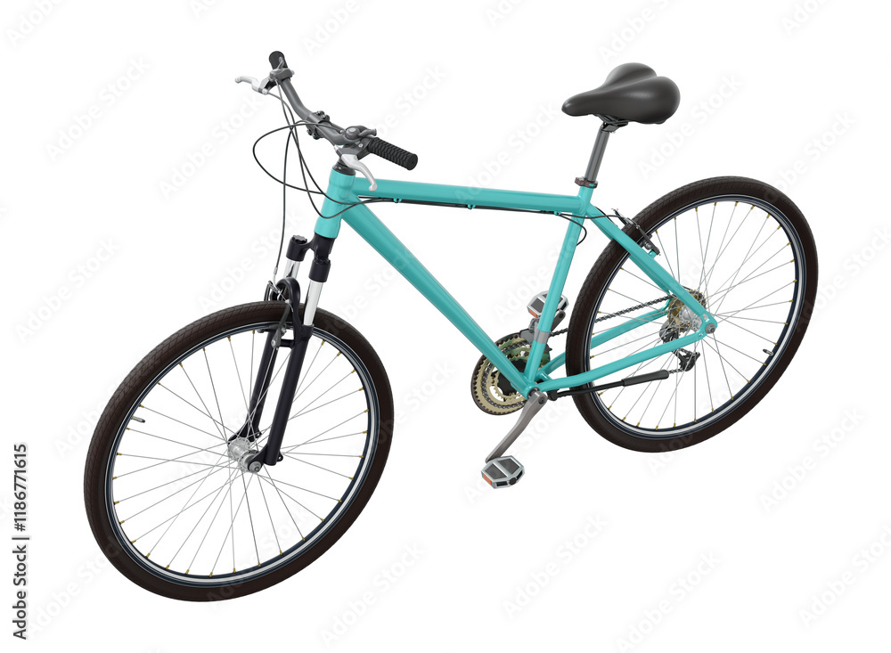 Obraz premium Blue teal bicycle, side top view. Black leather saddle and handles. Isolated on white background, 3D illustration