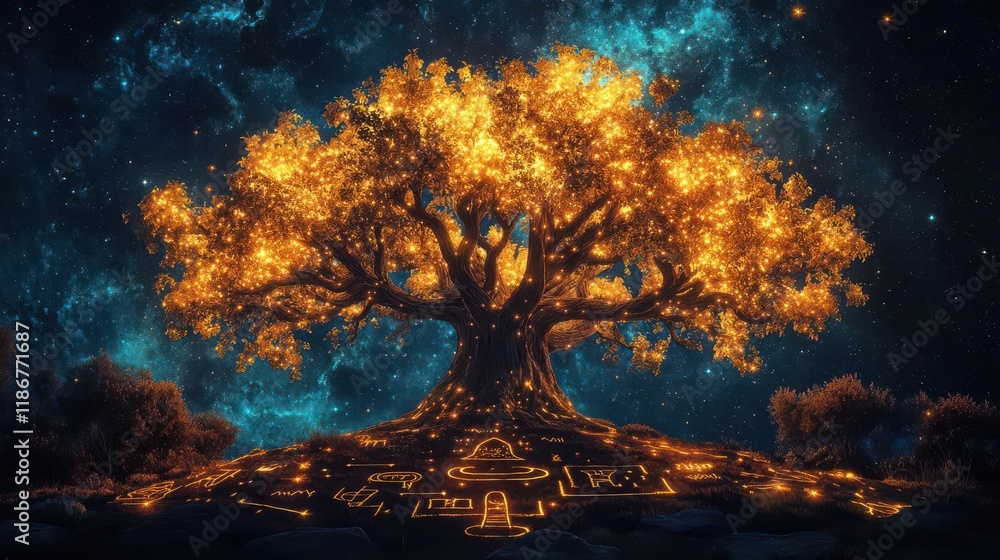 Obraz premium Illuminate celestial tree, ancient glyphs, cosmic stars