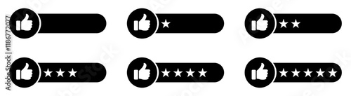 Rating star icon collection. One to five star rating, rate us, review vector icon set.  Feedback with satisfaction rating. Product rating or customer review with star. Thumb up with rating star. 