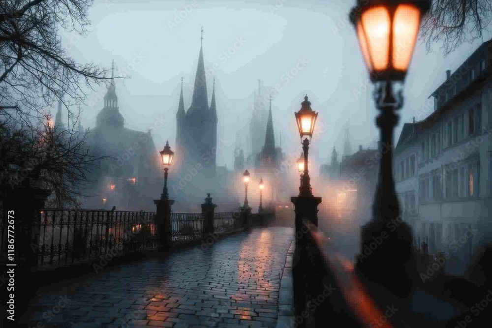 Obraz premium A gothic-style urban street at twilight, with ornate lampposts, mist swirling around, and towering spires silhouetted against the fading light