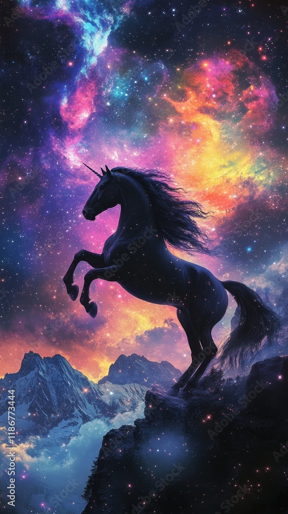 Naklejka premium Majestic black unicorn rearing against starry mountain backdrop, cosmic nebula swirling with ethereal luminescence