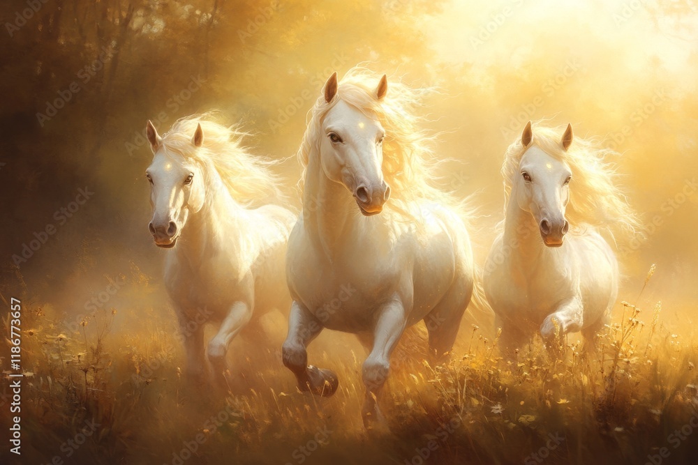 Obraz premium A herd of unicorns running through an enchanted forest, their glowing horns lighting the misty path