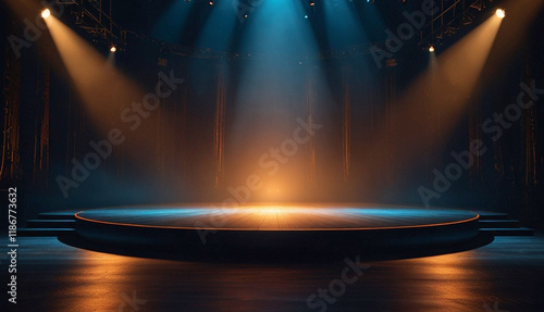 Theatrical stage with dramatic lighting, spotlights, empty circular platform, moody atmosphere, performance space, dark background, spotlight effects. Generative AI