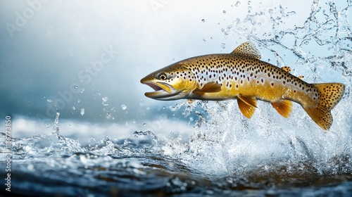 Brown trout leaping from water, splashing.