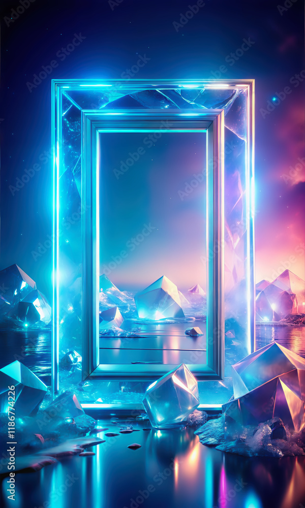 Obraz premium Neon Glowing Frame with Vibrant Lights – Abstract Digital Background for Modern Graphic Design Print Poster and Web Projects