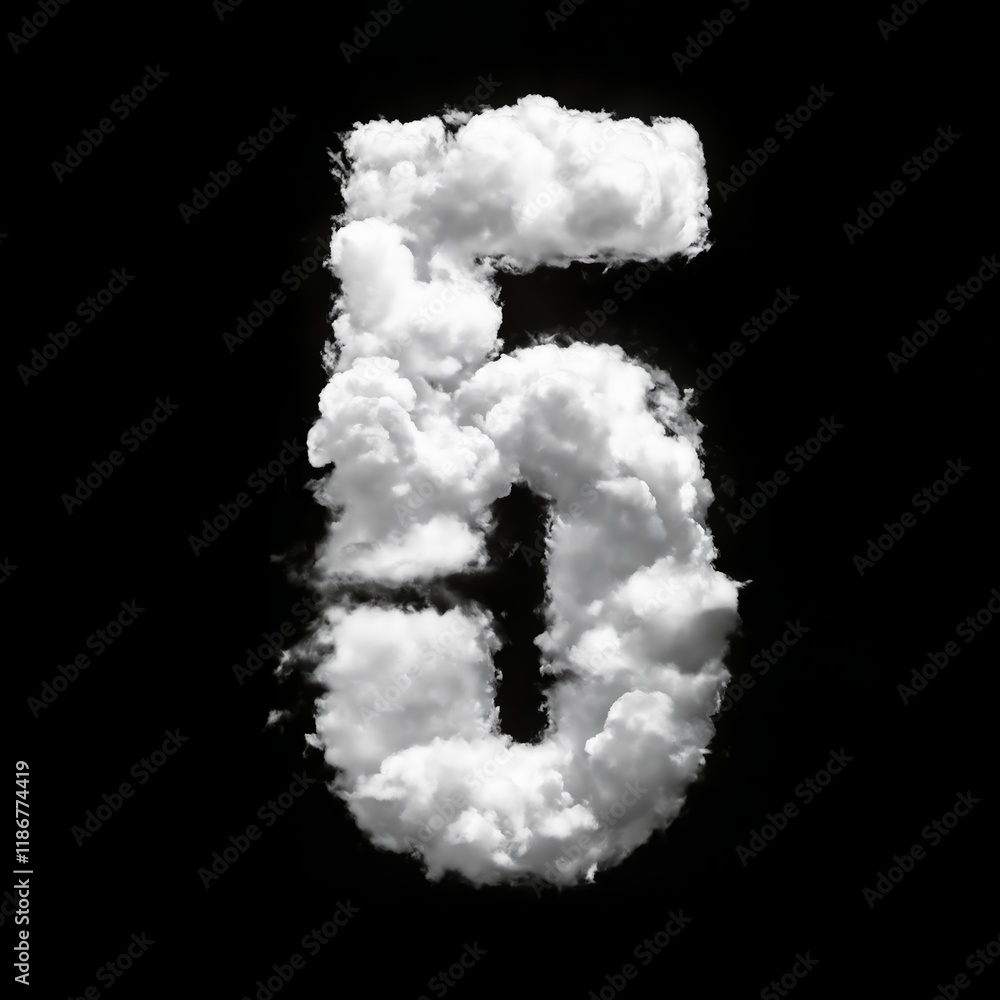 The number 5 made of puffy white clouds against a black background, has a soft, airy look, resembling real clouds. The bold contrast creates a whimsical, sky-inspired typography design. The number 5 made of puffy white clouds against a black background, has a soft, airy look, resembling real clouds. The bold contrast creates a whimsical, sky-inspired typography design.