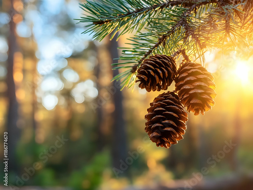 Golden hour sunlight illuminates pine cones on a branch in a forest; ideal for nature, autumn, or holiday themes photo