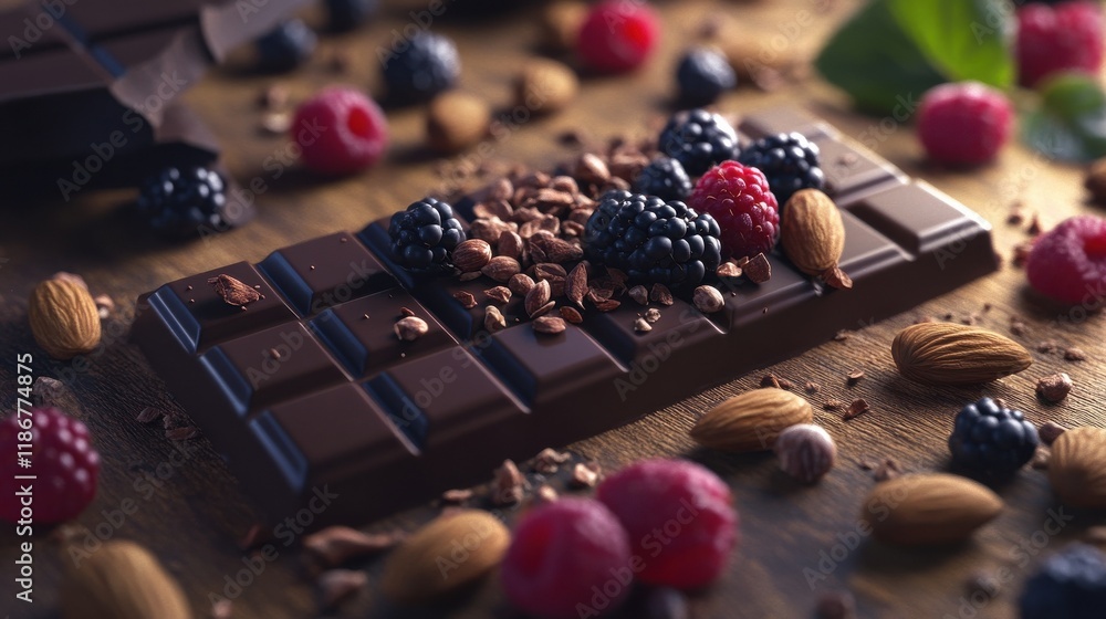 chocolate with nuts and berries is on the table isolated