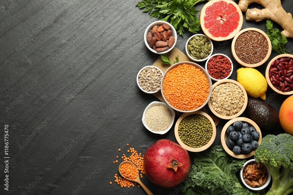 Superfood. Different healthy food products on grey table, flat lay. Space for text Superfood. Different healthy food products on grey table, flat lay. Space for text