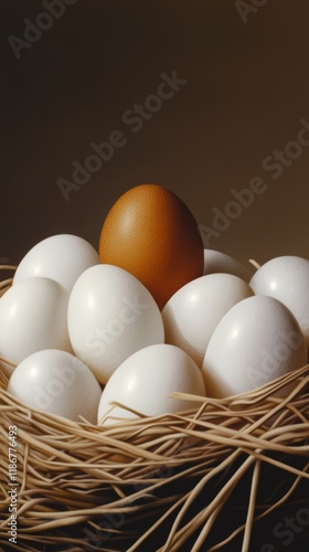 Brown egg standing uniquely amid white eggs, symbolizing difference, individuality, contrast in natural setting