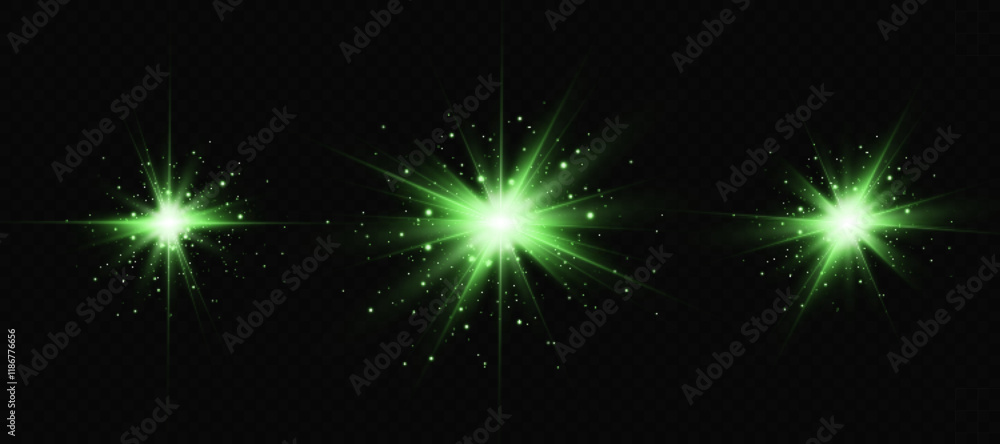 Obraz premium Green star. Bright shine. Twinkling star. Emerald. Firefly.Vector illustration.