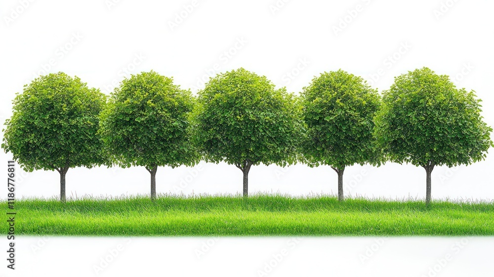 Obraz premium Five trees in grassy field against white background.