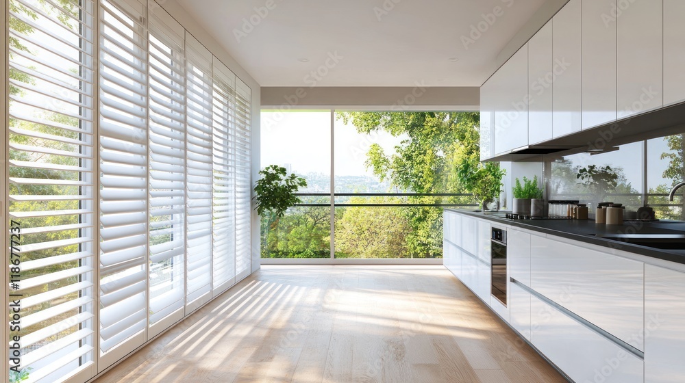 Fototapeta premium Modern kitchen with large windows, shutters, and hardwood floors overlooking a lush green landscape.