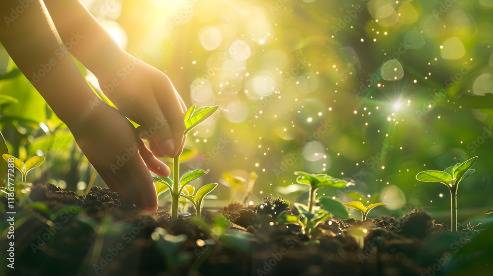 Fototapeta premium A small hands Tending Lush Garden Blooming into Vibrant Ecosystem of Sustainability Life.