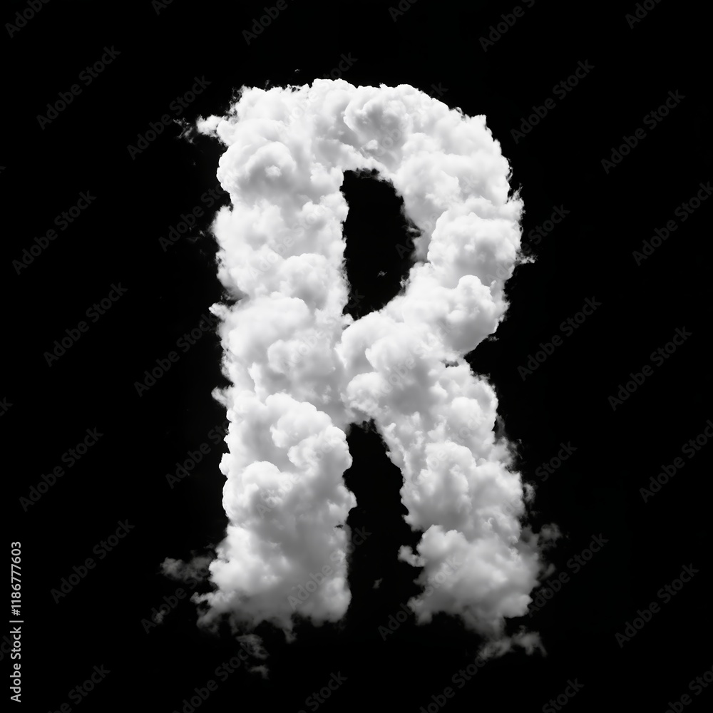 The letter R made of puffy white clouds against a black background, has a soft, airy look, resembling real clouds. The bold contrast creates a whimsical, sky-inspired typography design. The letter R made of puffy white clouds against a black background, has a soft, airy look, resembling real clouds. The bold contrast creates a whimsical, sky-inspired typography design.
