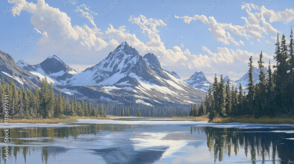 Fototapeta premium Captivating Reflection of Snow-Kissed Summits in Mountain Lake Nature Scene Serene Landscape Tranquil View Majestic Beauty