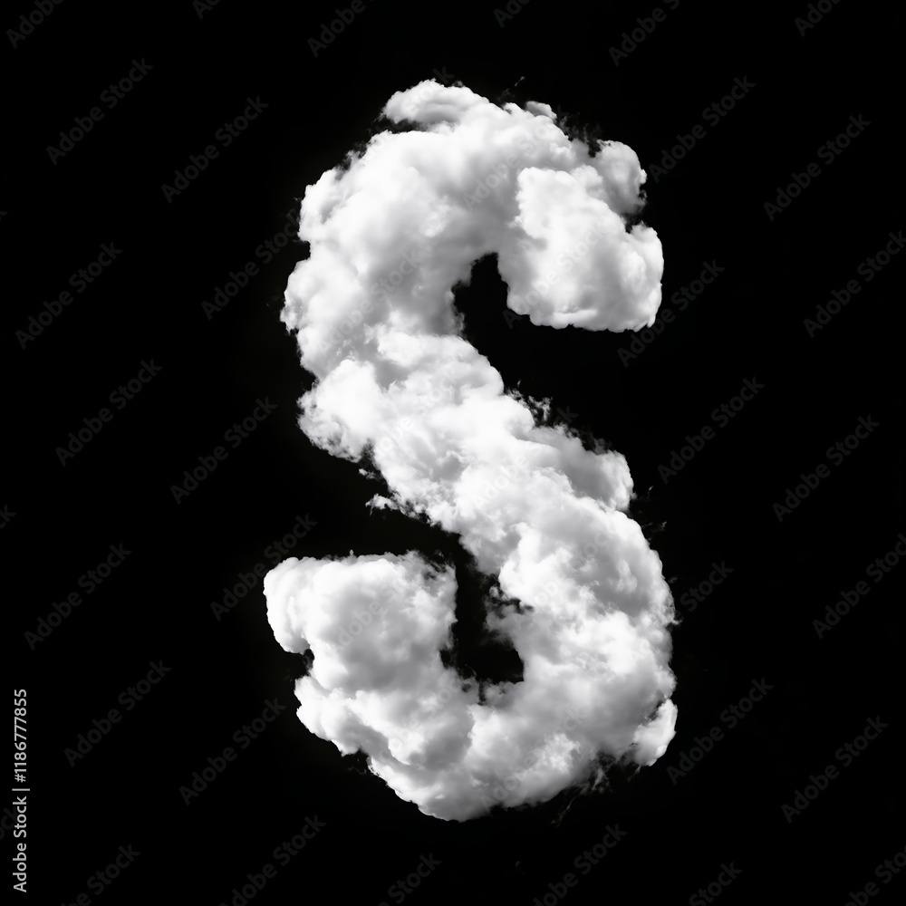 The letter S made of puffy white clouds against a black background, has a soft, airy look, resembling real clouds. The bold contrast creates a whimsical, sky-inspired typography design. The letter S made of puffy white clouds against a black background, has a soft, airy look, resembling real clouds. The bold contrast creates a whimsical, sky-inspired typography design.