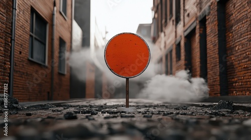 High-speed capture of windswept evacuation sign in post-storm urban alleyway photography photo