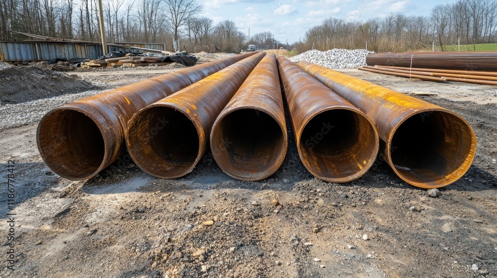 Rusty Metal Pipes Laid Out on Construction Site Rusty Metal Pipes Laid Out on Construction Site
