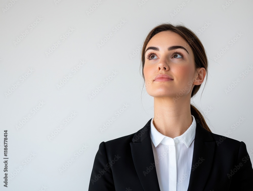 A professional woman in business attire gazes upward, exuding confidence and contemplation against a neutral background. A professional woman in business attire gazes upward, exuding confidence and contemplation against a neutral background.